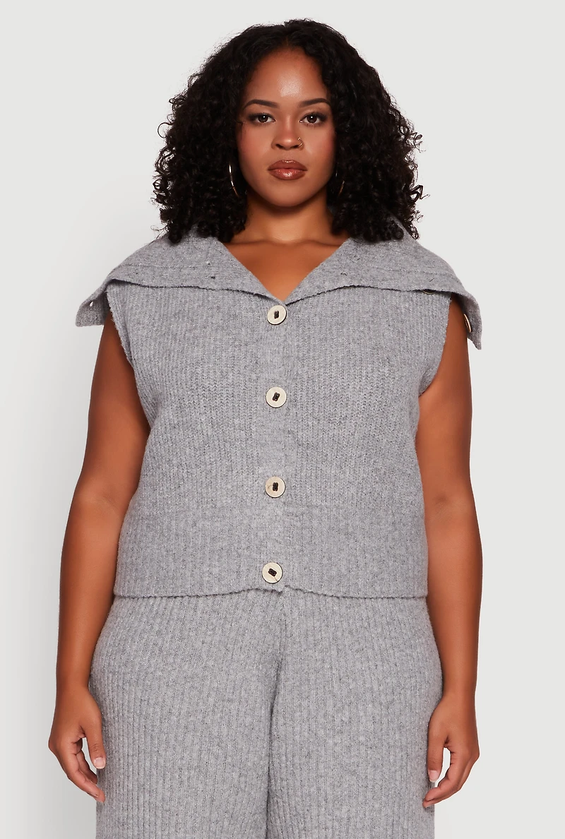 Plus Sleeveless Collared Button Front Cardigan