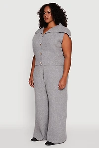 Womens Plus Size Sleeveless Collared Button Front Cardigan, Grey, Size 3X