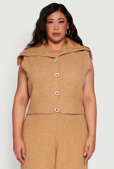 Womens Plus Sleeveless Collared Button Front Cardigan,