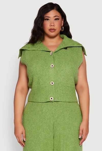 Womens Plus Size Sleeveless Collared Button Front Cardigan, Green, Size 3X