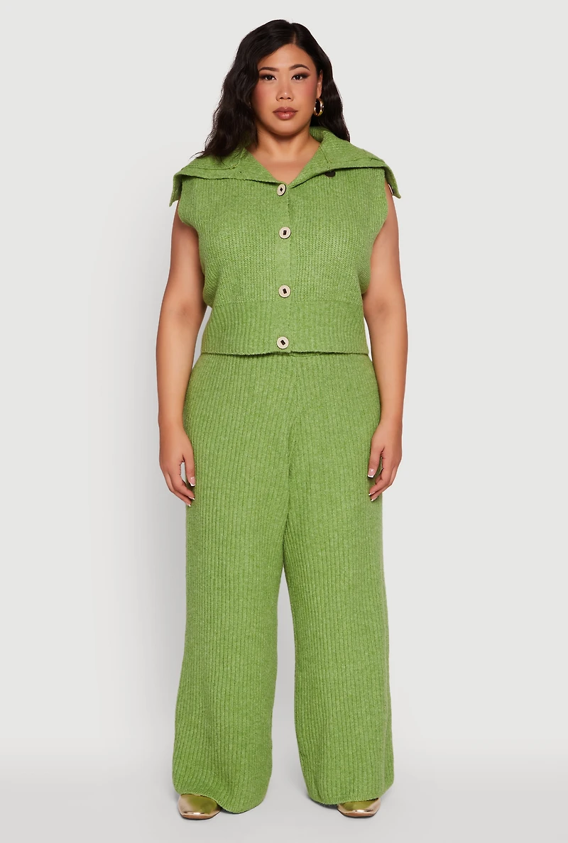 Womens Plus Size Sleeveless Collared Button Front Cardigan, Green, Size 3X