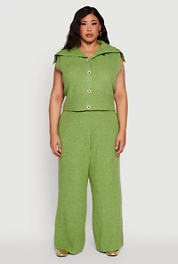 Womens Plus Size Sleeveless Collared Button Front Cardigan, Green, Size 3X