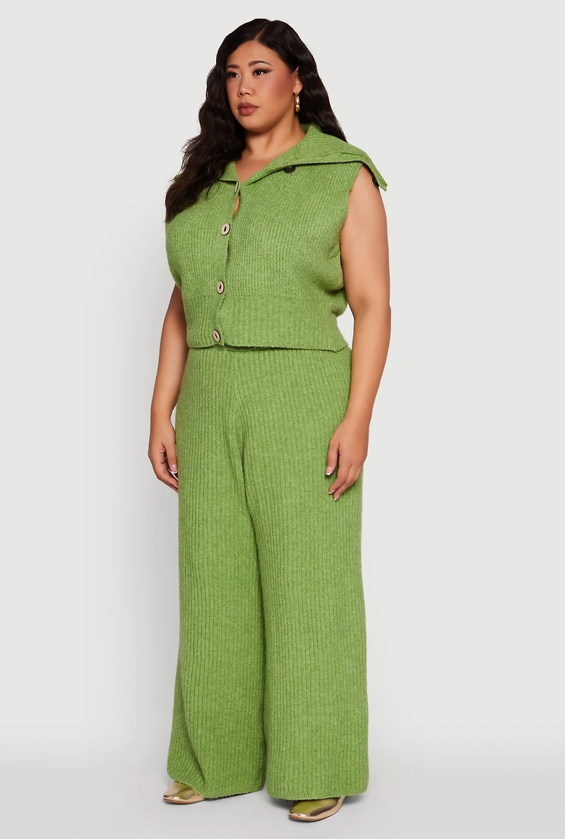 Womens Plus Size Sleeveless Collared Button Front Cardigan, Green, Size 3X