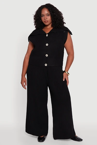 Womens Plus Rib Knit Pull On Wide Leg Pants,