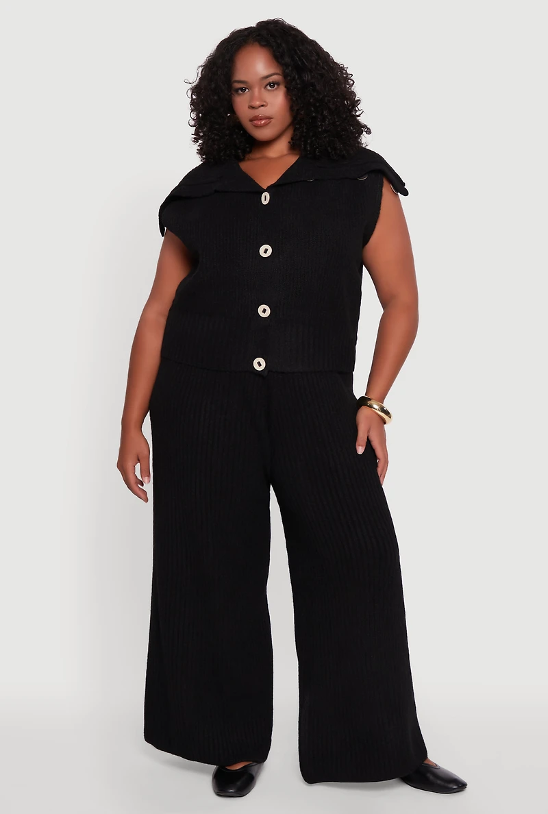 Womens Plus Size Rib Knit Pull On Wide Leg Pants, Black, Size 3X