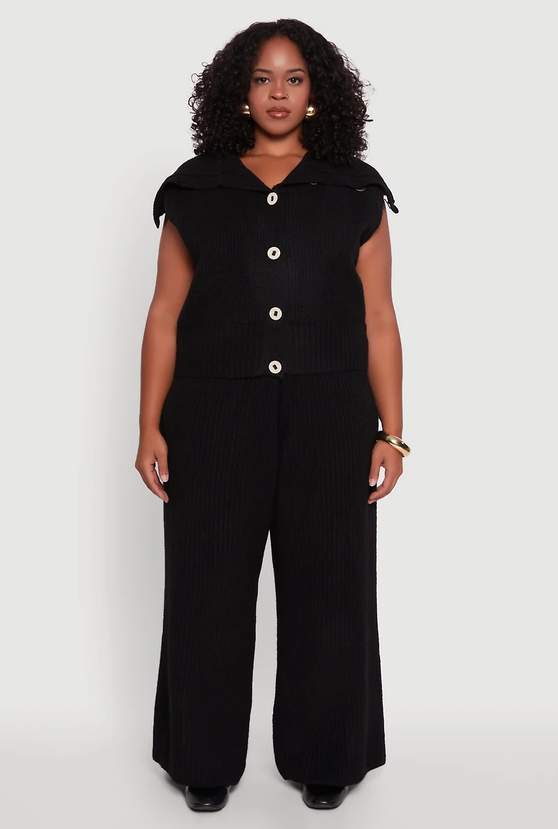 Womens Plus Size Rib Knit Pull On Wide Leg Pants, Black, Size 3X