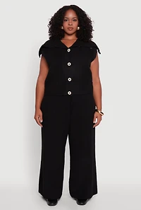 Womens Plus Size Rib Knit Pull On Wide Leg Pants, Black, Size 3X