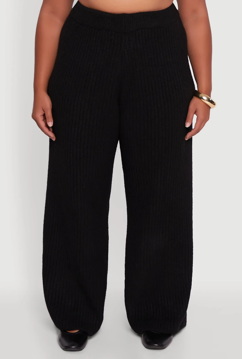 Womens Plus Size Rib Knit Pull On Wide Leg Pants, Black, Size 3X
