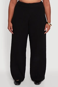 Womens Plus Size Rib Knit Pull On Wide Leg Pants, Black, Size 3X