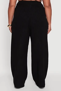 Womens Plus Size Rib Knit Pull On Wide Leg Pants, Black, Size 3X