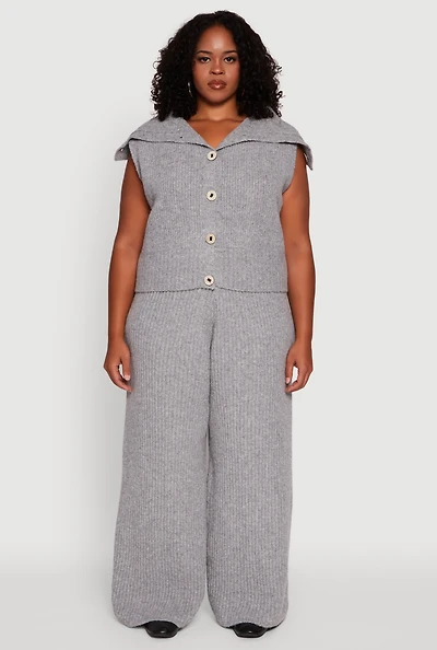 Womens Plus Size Rib Knit Pull On Wide Leg Pants, Grey, Size 3X