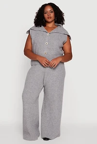 Womens Plus Size Rib Knit Pull On Wide Leg Pants, Grey, Size 3X