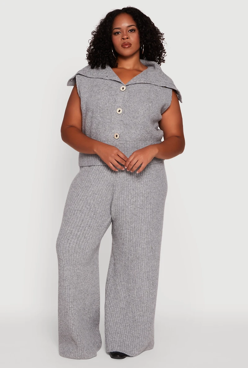 Womens Plus Size Rib Knit Pull On Wide Leg Pants, Grey, Size 1X