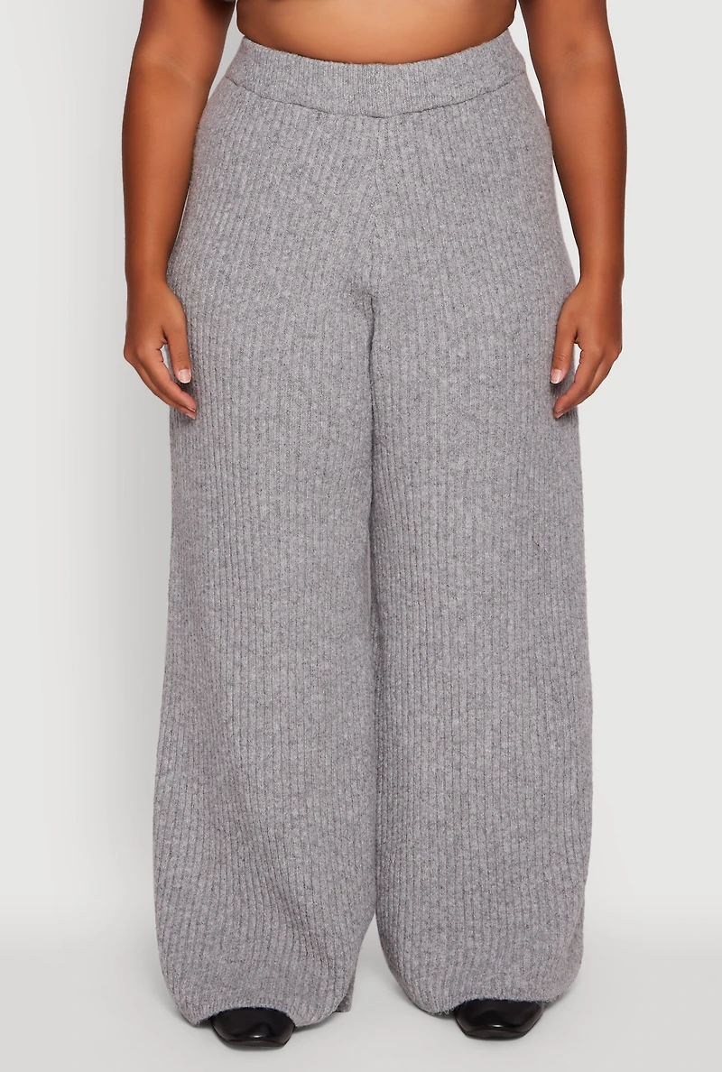 Womens Plus Size Rib Knit Pull On Wide Leg Pants, Grey, Size 3X
