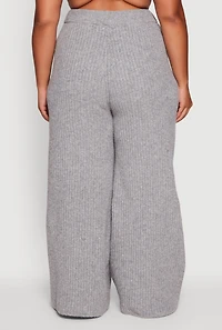 Womens Plus Size Rib Knit Pull On Wide Leg Pants, Grey, Size 3X