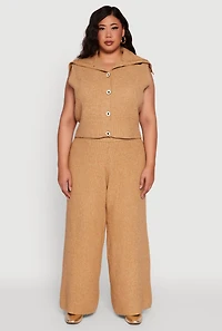 Womens Plus Size Rib Knit Pull On Wide Leg Pants, Khaki, Size 2X