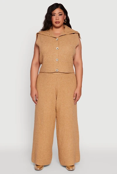 Womens Plus Size Rib Knit Pull On Wide Leg Pants, Khaki, Size 1X