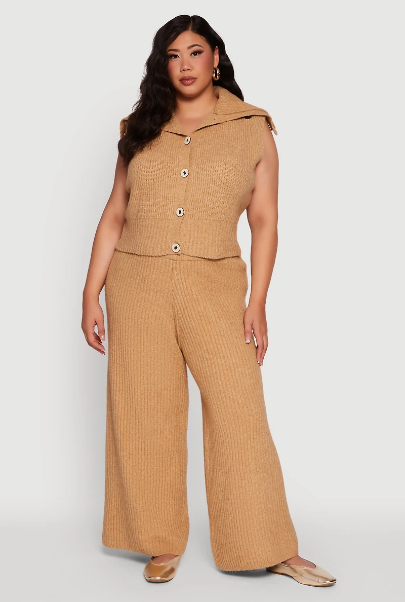 Womens Plus Size Rib Knit Pull On Wide Leg Pants, Khaki, Size 2X