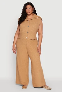 Womens Plus Size Rib Knit Pull On Wide Leg Pants, Khaki, Size 2X