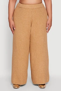 Womens Plus Size Rib Knit Pull On Wide Leg Pants, Khaki, Size 2X