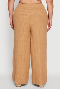 Womens Plus Size Rib Knit Pull On Wide Leg Pants, Khaki, Size 2X