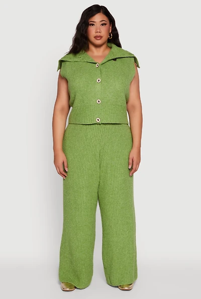 Womens Plus Rib Knit Pull On Wide Leg Pants,