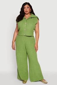 Womens Plus Rib Knit Pull On Wide Leg Pants,