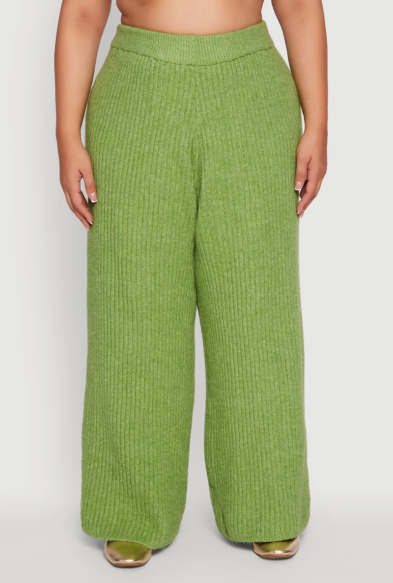 Womens Plus Rib Knit Pull On Wide Leg Pants, 2X