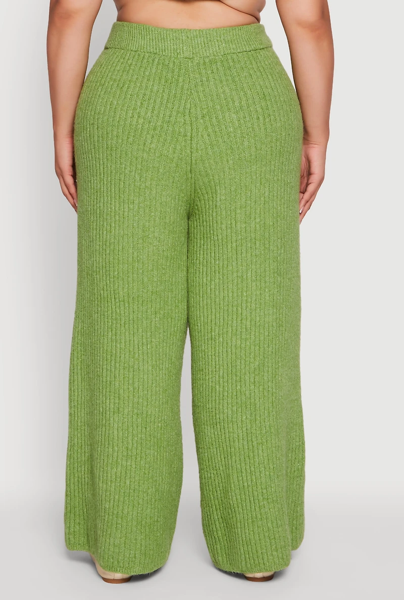 Womens Plus Rib Knit Pull On Wide Leg Pants,