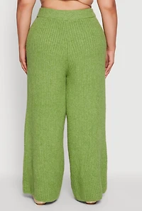 Womens Plus Rib Knit Pull On Wide Leg Pants,