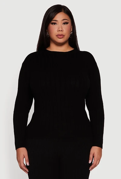 Womens Plus Cable Knit Long Sleeve Crew Neck Sweater,
