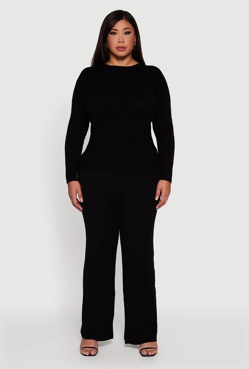 Womens Plus Cable Knit Long Sleeve Crew Neck Sweater, 2X