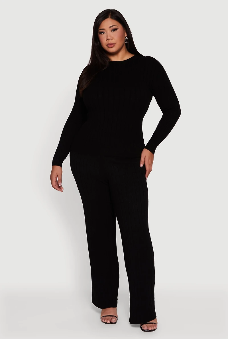 Womens Plus Cable Knit Long Sleeve Crew Neck Sweater, 2X