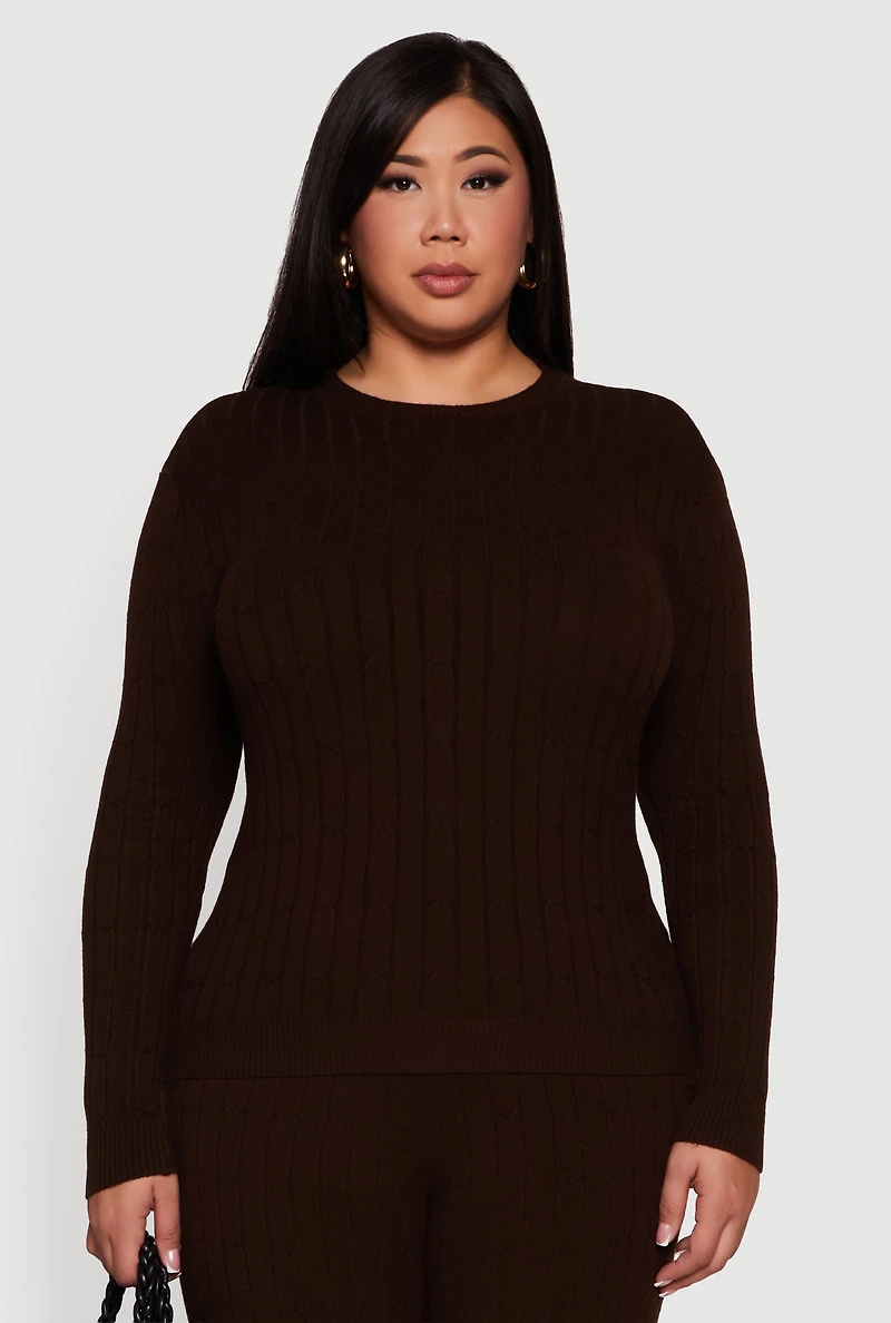 Plus Cable Knit Long Sleeve Crew Neck Sweater