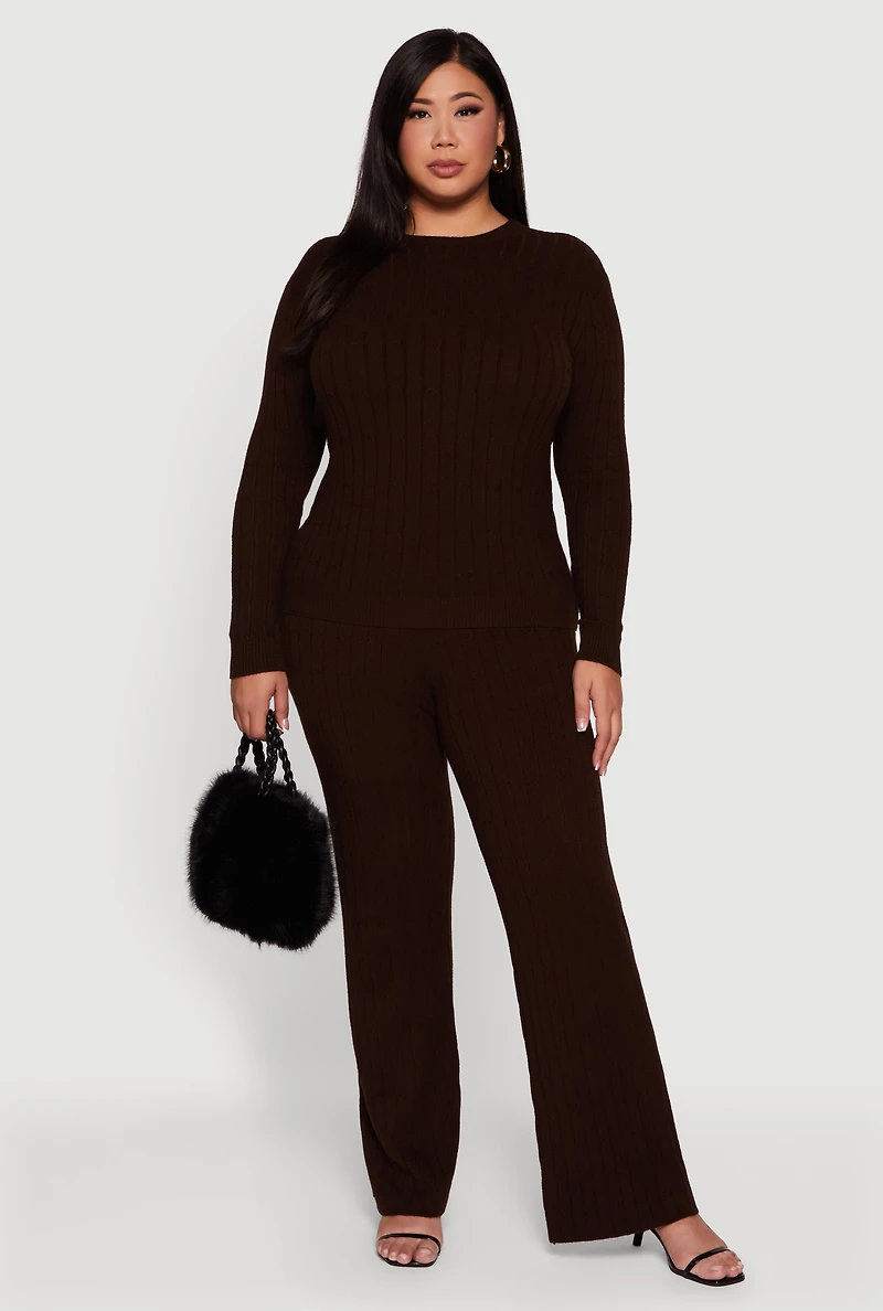 Womens Plus Cable Knit Long Sleeve Crew Neck Sweater,