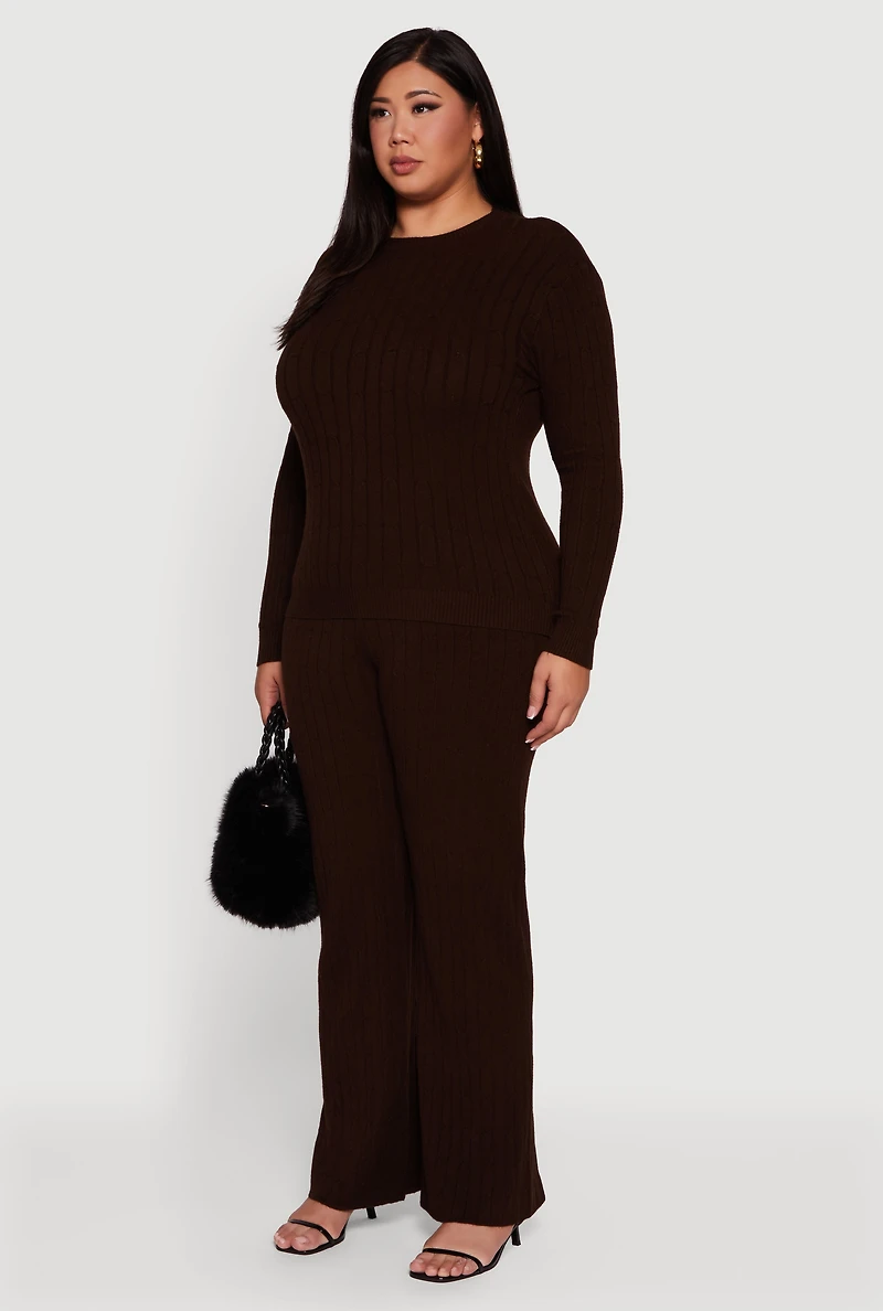 Womens Plus Cable Knit Long Sleeve Crew Neck Sweater,