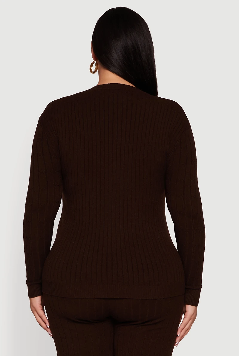 Womens Plus Cable Knit Long Sleeve Crew Neck Sweater,