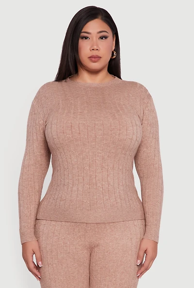 Womens Plus Cable Knit Long Sleeve Crew Neck Sweater,