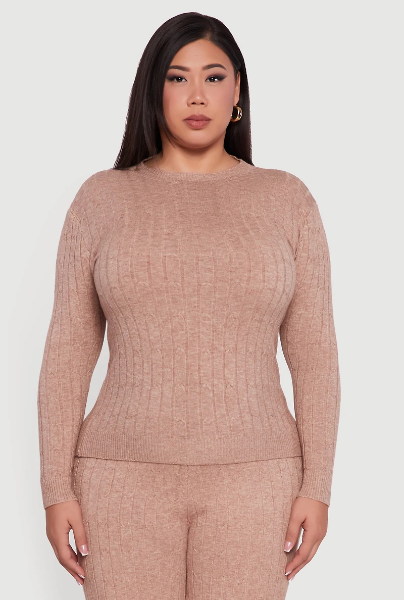 Womens Plus Size Cable Knit Long Sleeve Crew Neck Sweater, Beige, Size 1X
