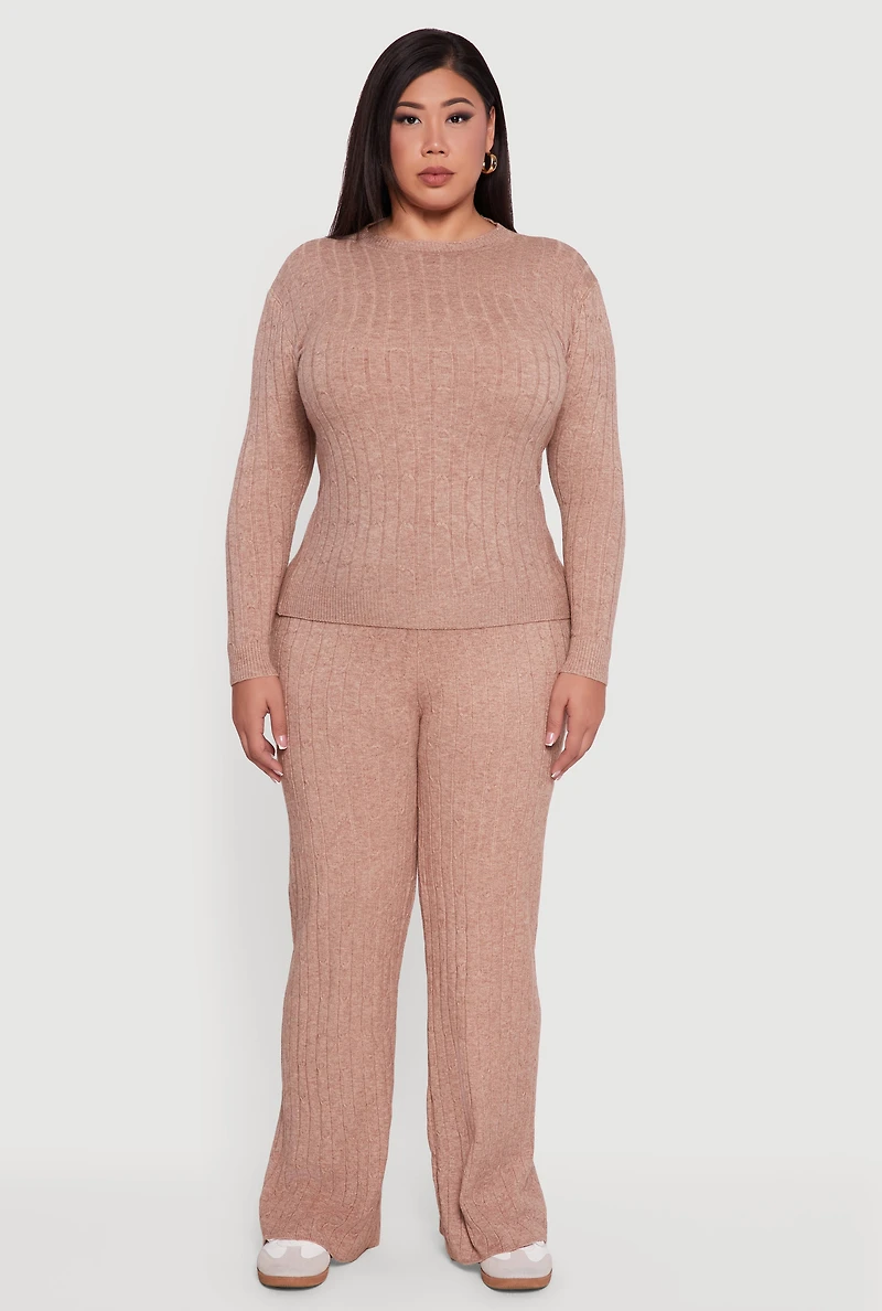Womens Plus Size Cable Knit Long Sleeve Crew Neck Sweater, Beige, Size 1X