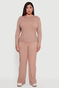 Womens Plus Size Cable Knit Long Sleeve Crew Neck Sweater, Beige, Size 1X