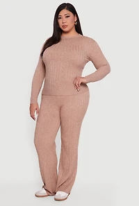Womens Plus Size Cable Knit Long Sleeve Crew Neck Sweater, Beige, Size 1X