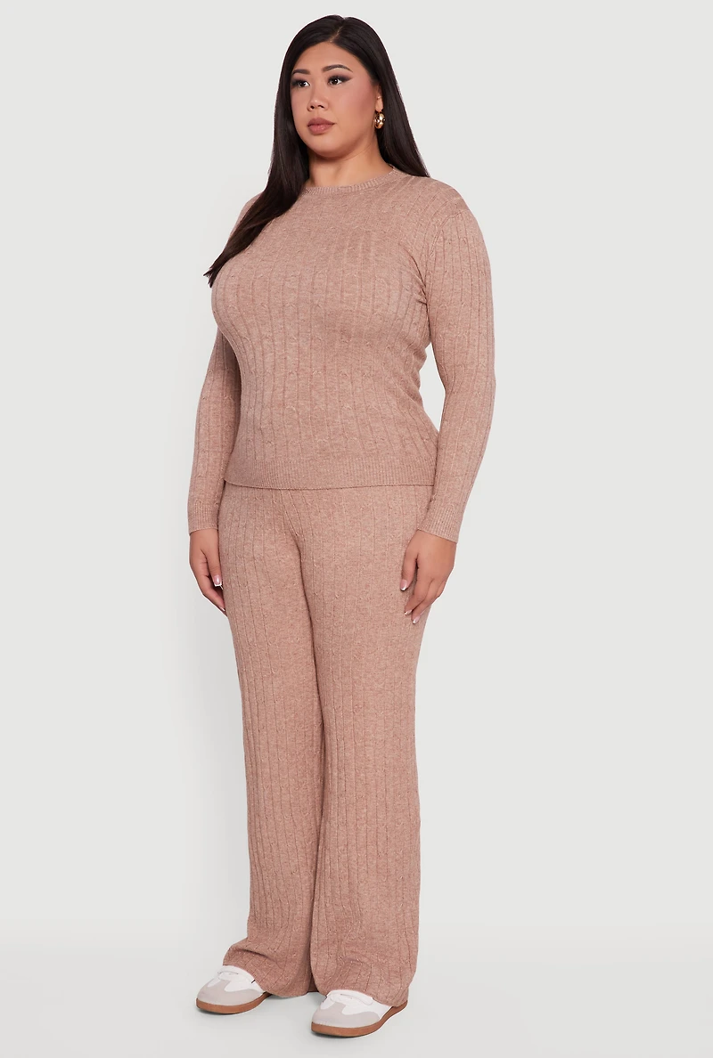 Womens Plus Size Cable Knit Long Sleeve Crew Neck Sweater, Beige, Size 1X