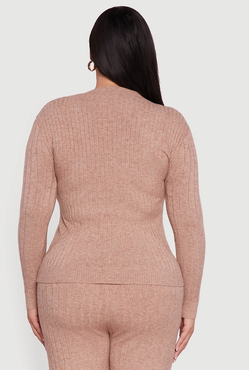 Womens Plus Size Cable Knit Long Sleeve Crew Neck Sweater, Beige, Size 1X