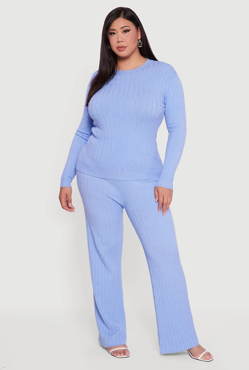 Womens Plus Cable Knit Long Sleeve Crew Neck Sweater, Blue,