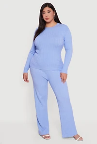 Womens Plus Cable Knit Long Sleeve Crew Neck Sweater, Blue,