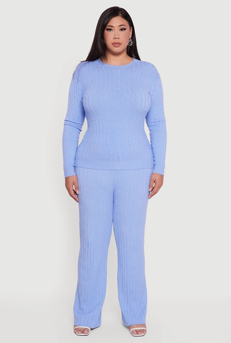 Womens Plus Cable Knit Long Sleeve Crew Neck Sweater, Blue,