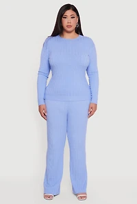 Womens Plus Cable Knit Long Sleeve Crew Neck Sweater, Blue,