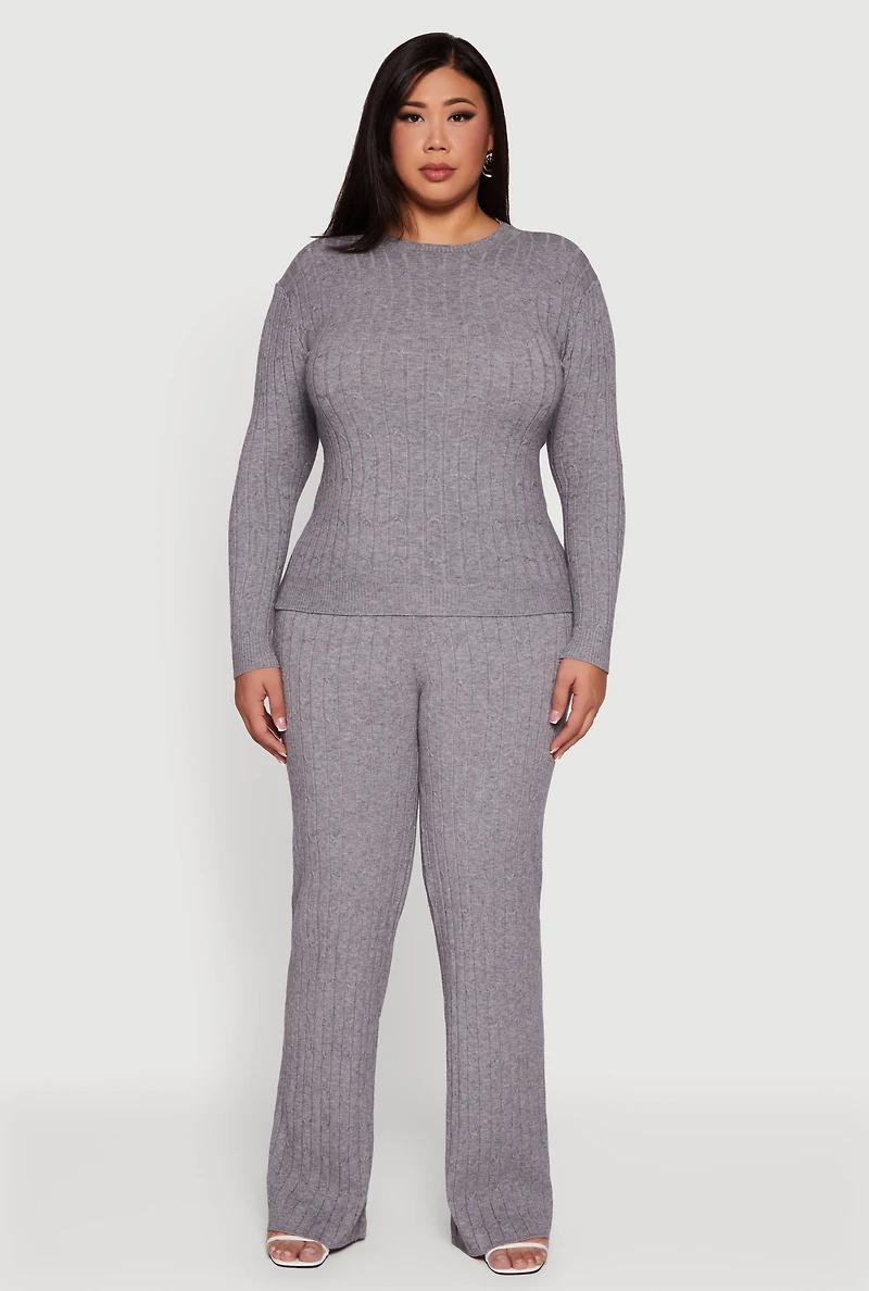 Womens Plus Size Cable Knit Drawstring Detail Pants, Grey, Size 3X