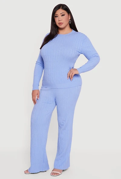 Womens Plus Size Cable Knit Drawstring Detail Pants, Blue, Size 3X